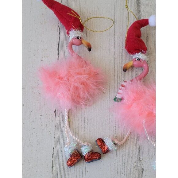 Feet dangling Flamingo set Santa had glitter puffy ornament Xmas - Picture 2 of 7